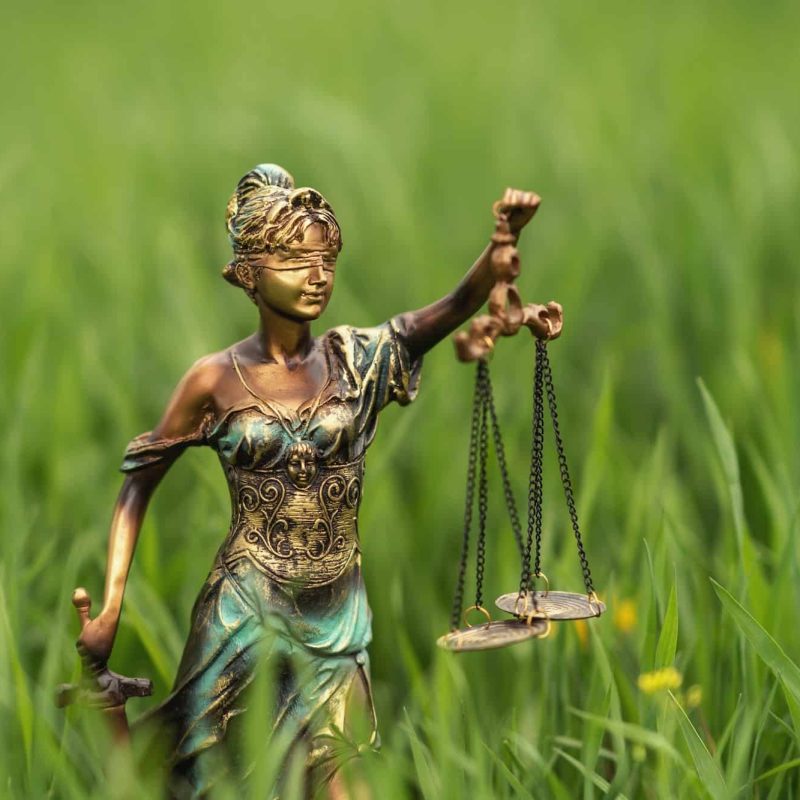 Statue of Themis on a green grass background. Symbol of justice and law, crime and punishment.